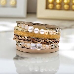 🆕Boho Chic Layered Vegan Leather Magnetic Trendy Bracelet with Faux Pearls